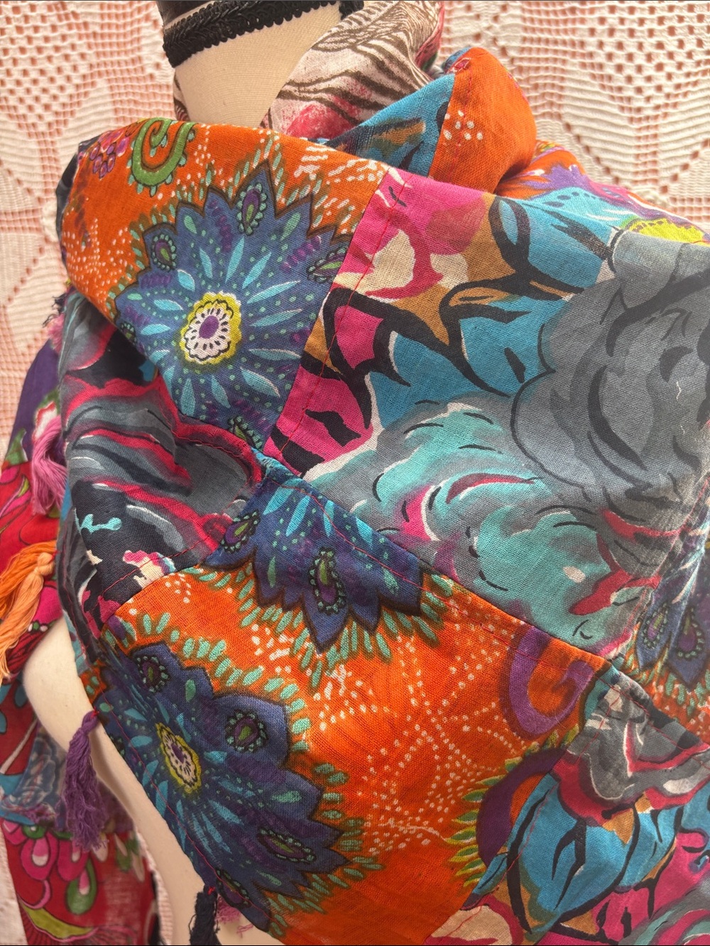 Multicolor Floral Patchwork Fringe Wrap Scarf - Picture 10 of 12
